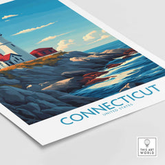 Connecticut Print New England showcasing a lighthouse and coastal landscape in vibrant colors.