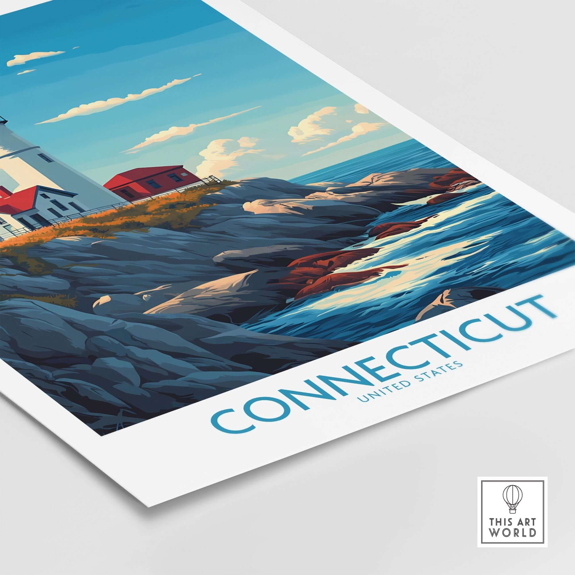 Connecticut Print New England showcasing a lighthouse and coastal landscape in vibrant colors.