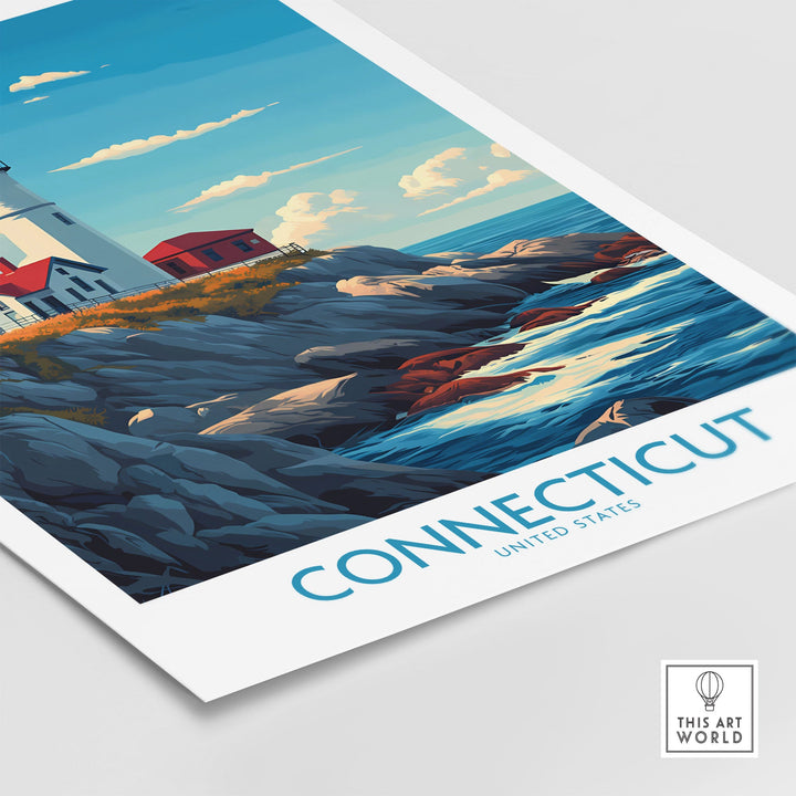 Scenic Connecticut print showing a lighthouse and rocky coastline, capturing the vibrant charm of New England art.