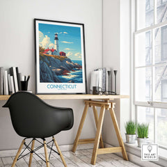 Connecticut Print New England featuring a vibrant lighthouse scene on a desk with modern decor.