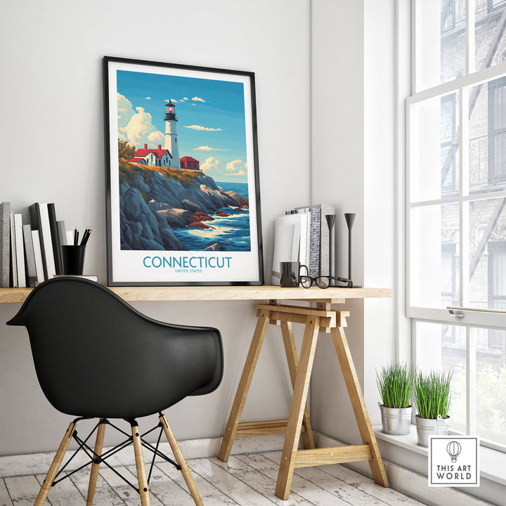 Stylish room featuring a Connecticut print showcasing New England's scenic lighthouse, perfect for art and travel enthusiasts.