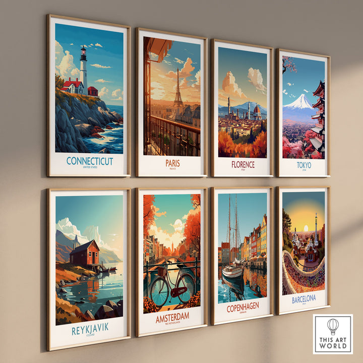 Gallery wall featuring travel posters of Connecticut, Paris, Florence, Tokyo, Reykjavik, Amsterdam, Copenhagen, and Barcelona.