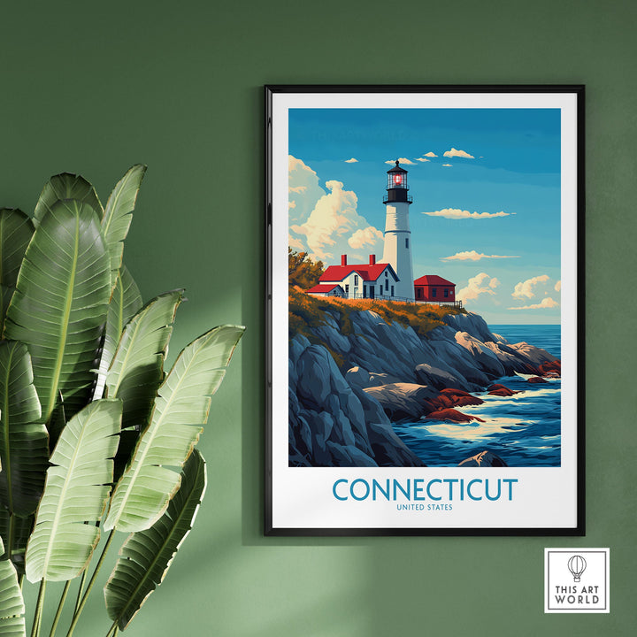 Connecticut lighthouse print, New England coastal art, vibrant wall decor, Travel Posters USA, picturesque home or office decoration.