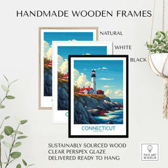 Connecticut Print New England showcased in handmade wooden frames, available in natural, white, and black finishes.
