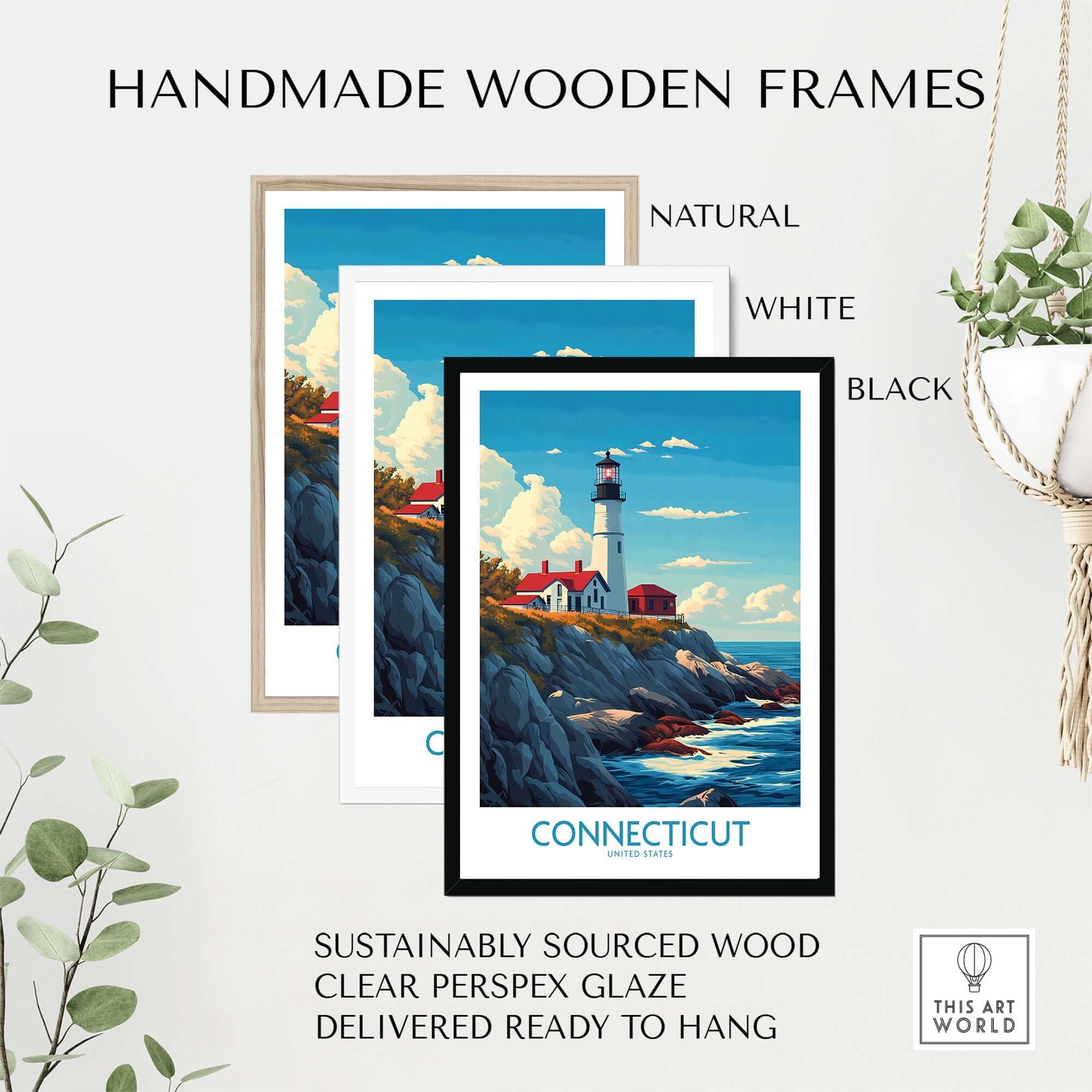 Connecticut Print New England showcased in handmade wooden frames, available in natural, white, and black finishes.
