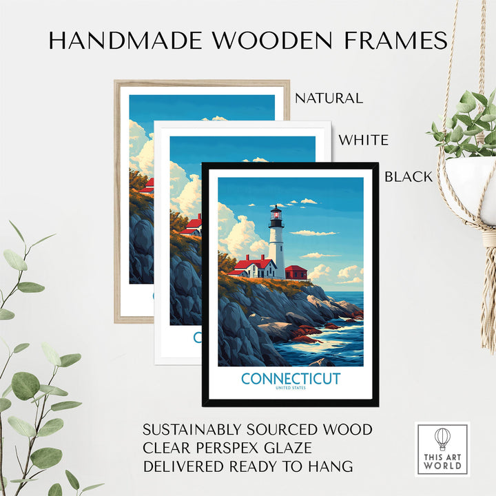 "Connecticut print in handmade wooden frames in natural, white, and black, showcasing New England's beauty with a lighthouse scene."