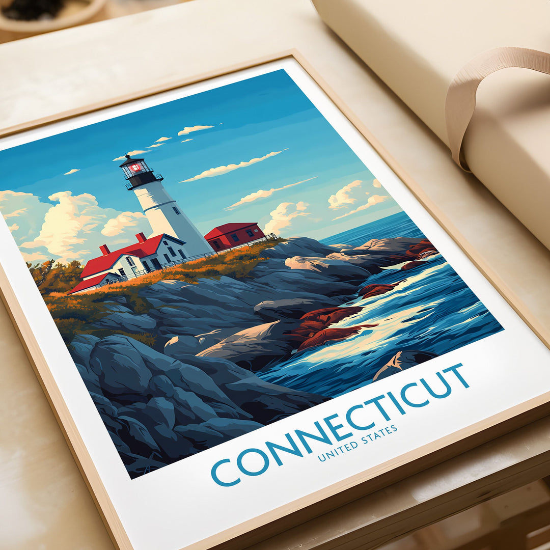 Connecticut lighthouse print showcasing New England coastal beauty, perfect for home or office decor. Travel Posters USA.