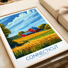 Connecticut Print artwork featuring a scenic farm landscape with fields and a red barn.