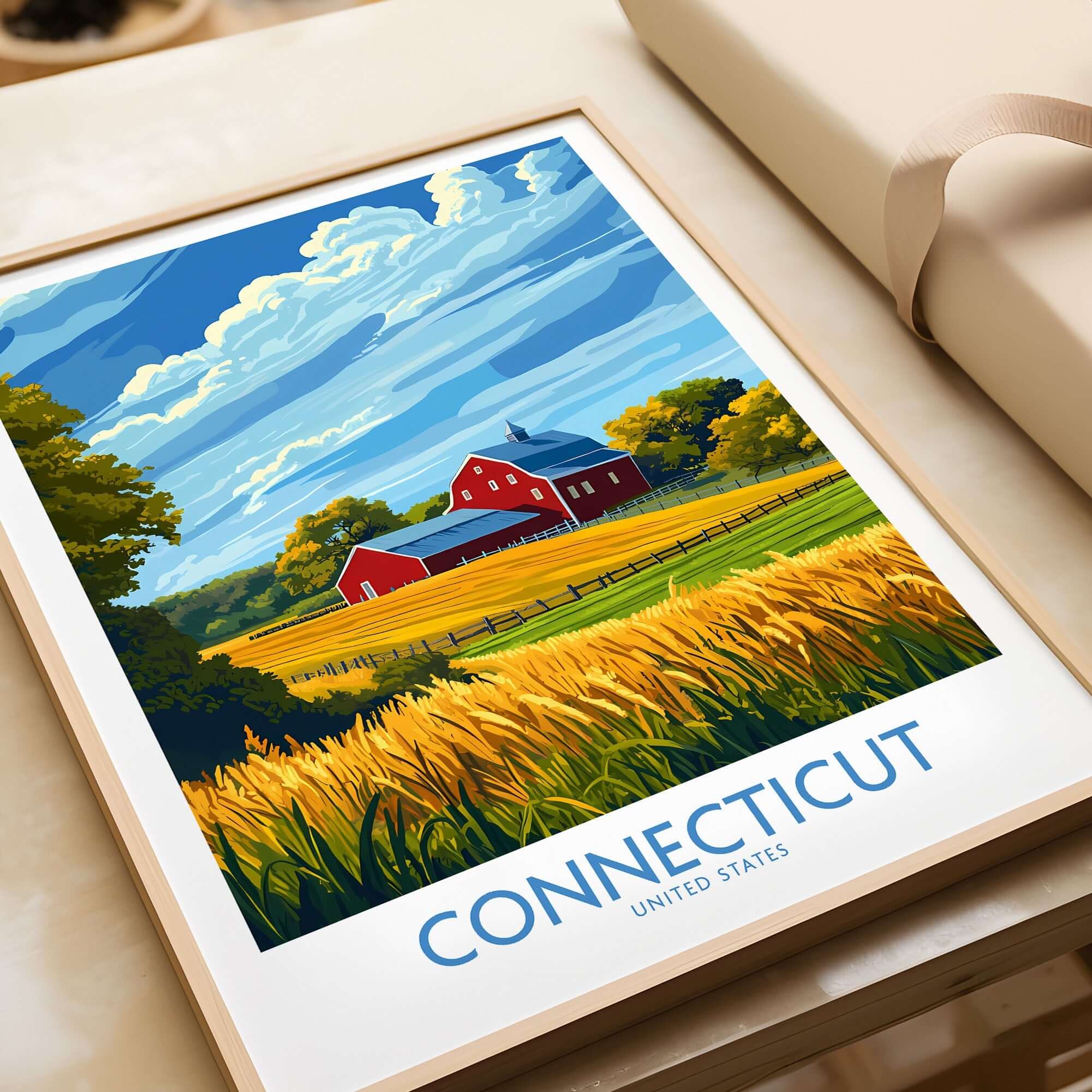 Connecticut Print artwork featuring a scenic farm landscape with fields and a red barn.