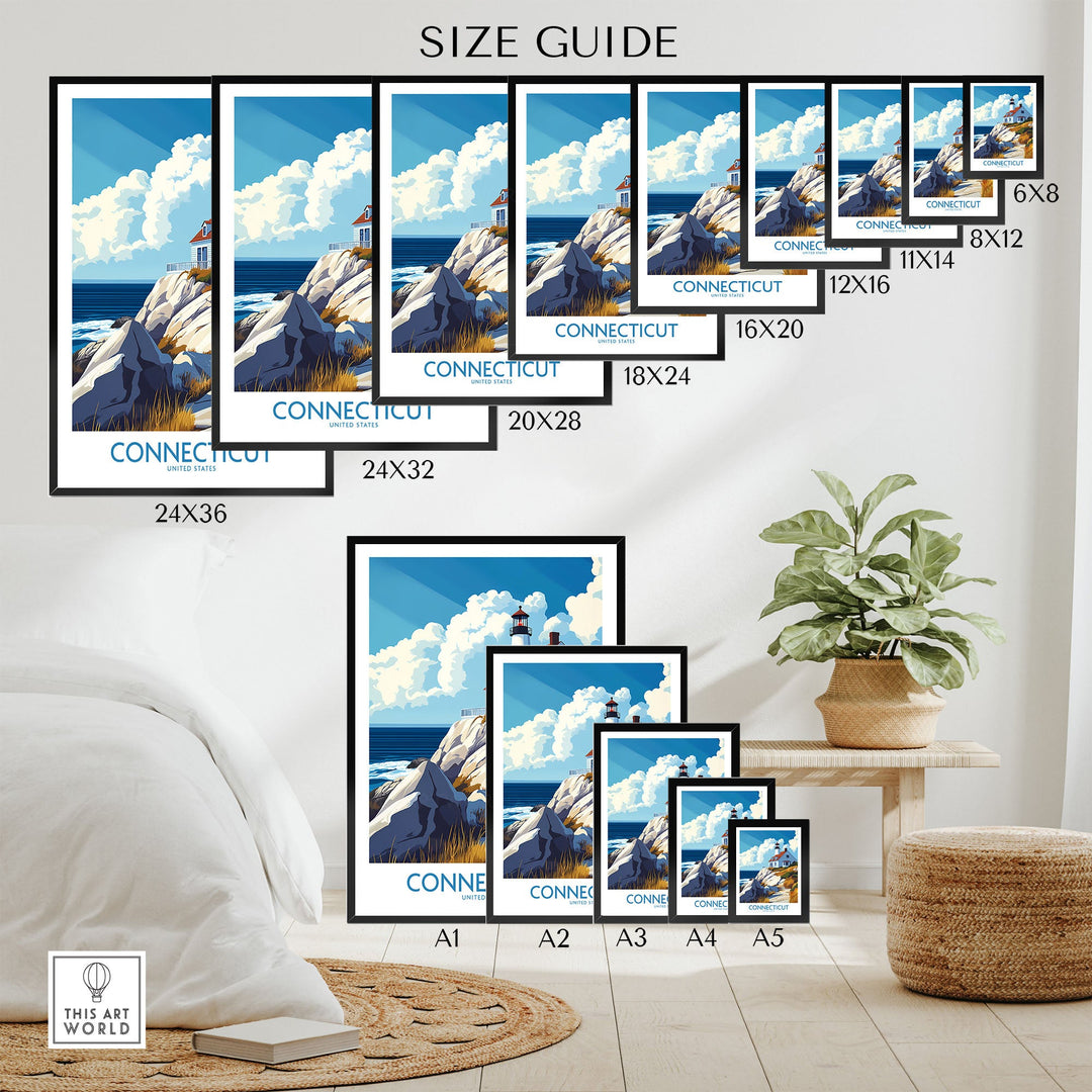 Connecticut travel poster size guide featuring scenic landscapes and iconic landmarks, displayed in a modern living room setting.