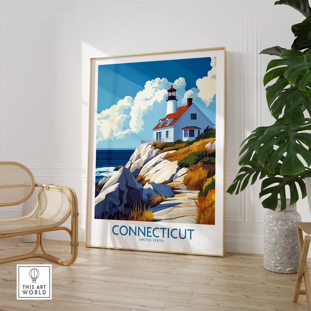 Connecticut travel poster featuring a scenic lighthouse on a rocky coastline, perfect wall art for decorating homes or offices.