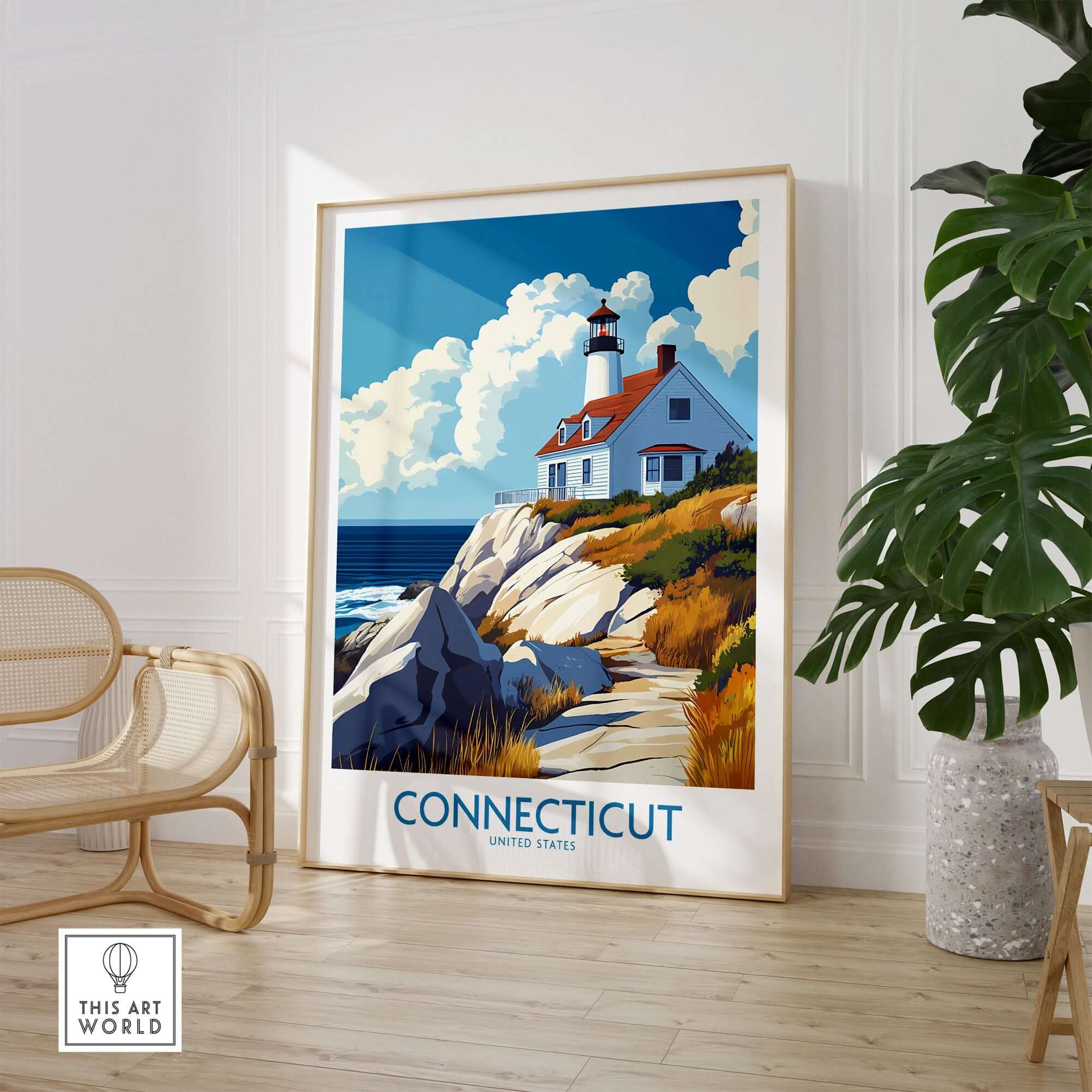 Connecticut Travel Poster featuring a lighthouse and scenic landscape, perfect for home decor.