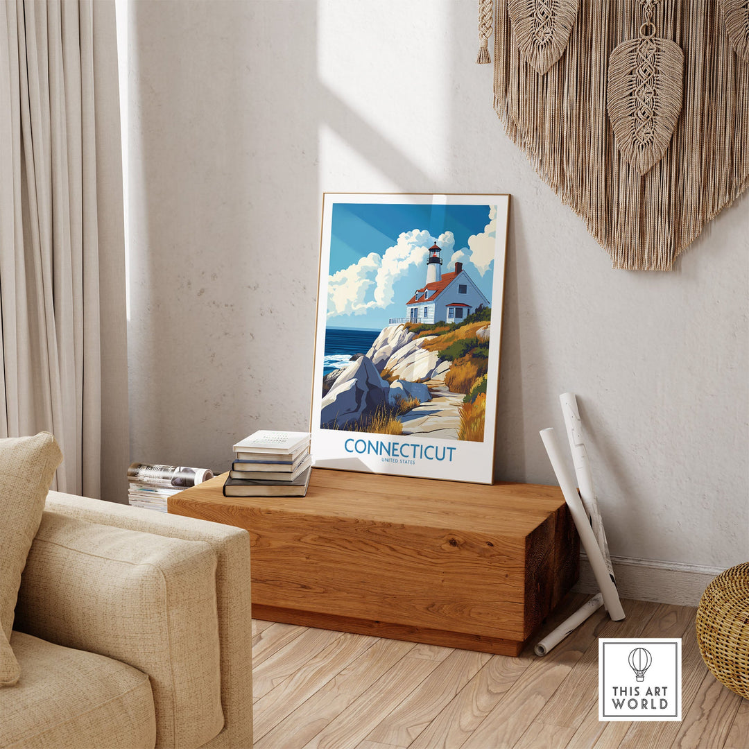 "Connecticut travel poster featuring scenic lighthouse on rocky coast, adding nostalgic charm to home decor in cozy living room setting."