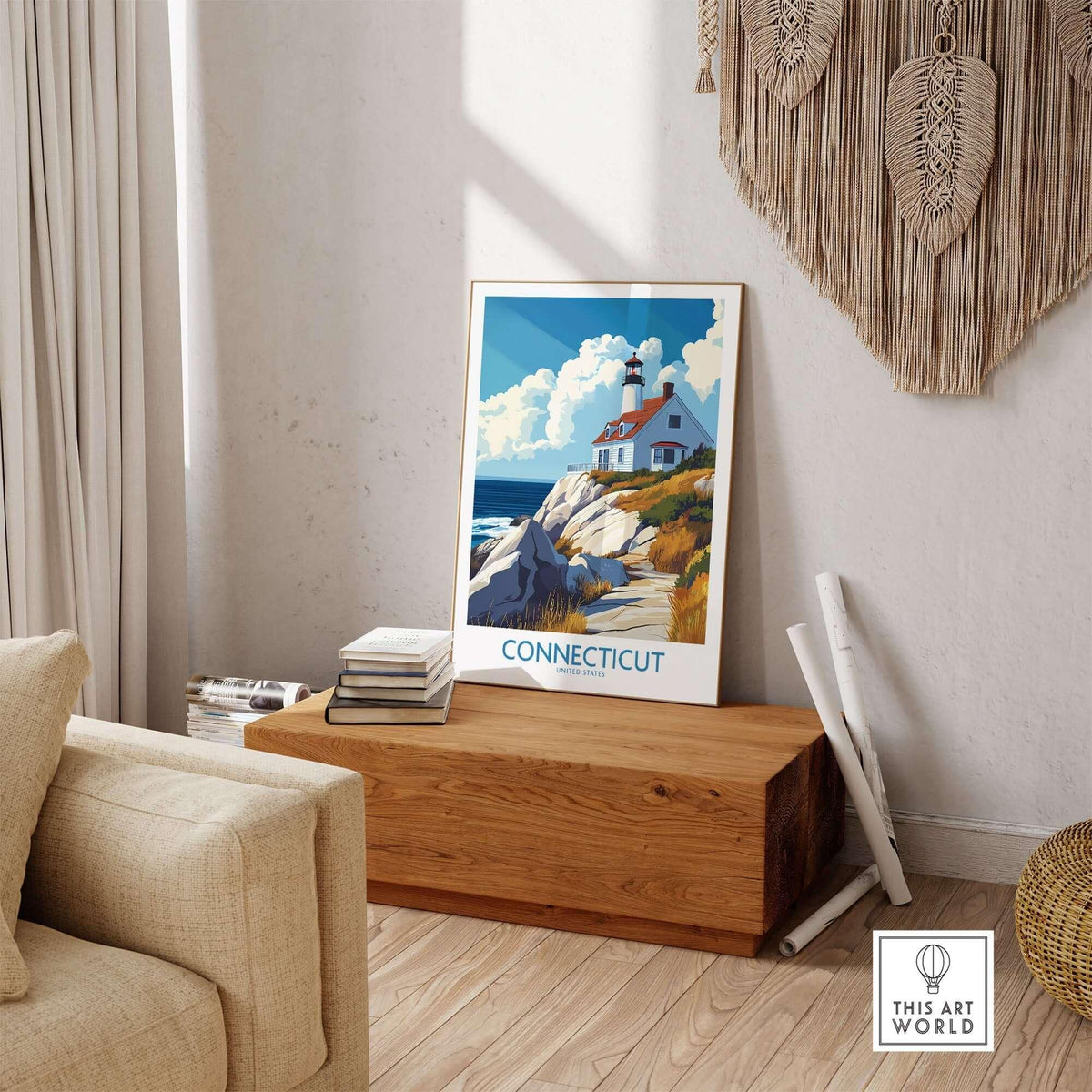 Connecticut Travel Poster showcasing a picturesque lighthouse and coastal landscape in a stylish home setting.