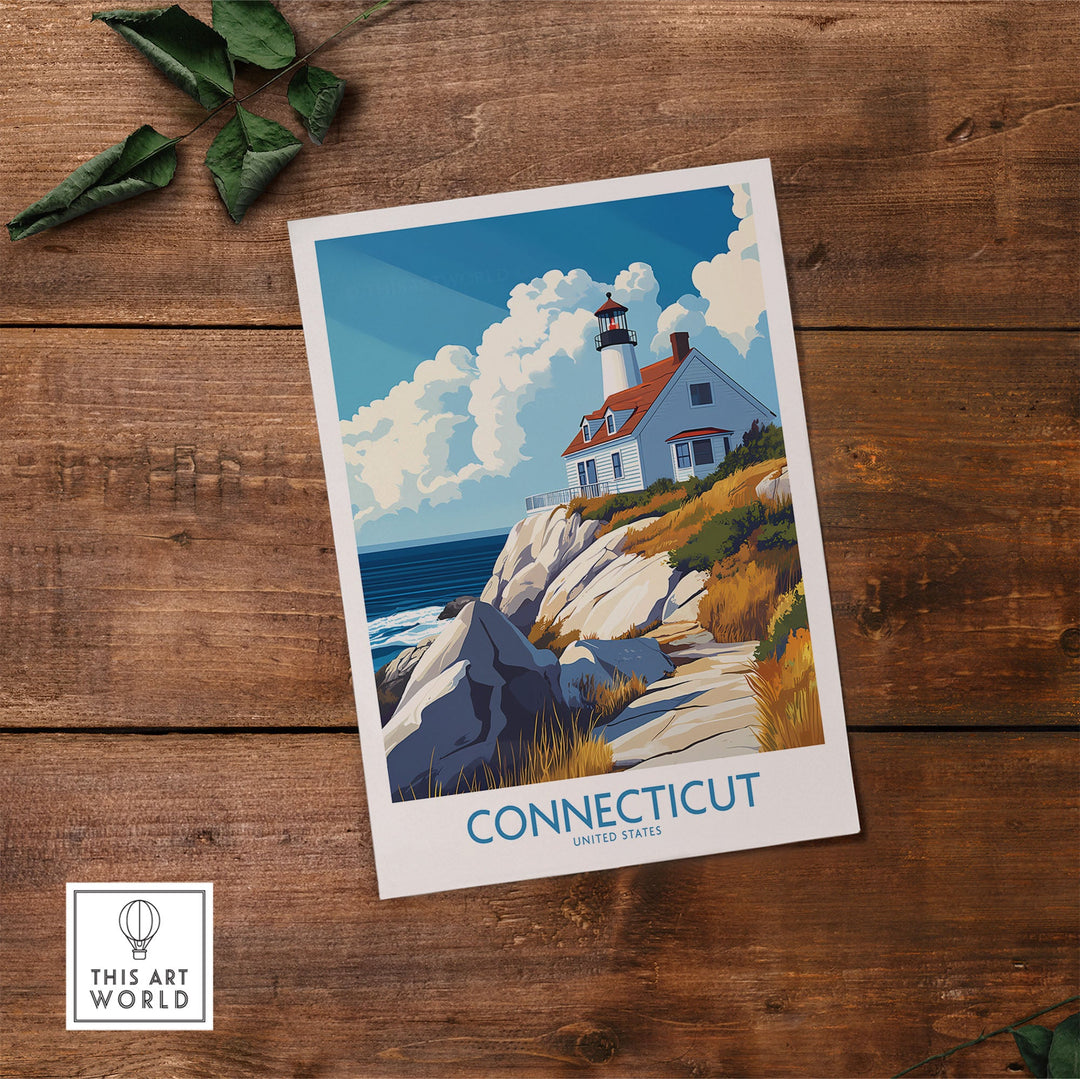 Connecticut travel poster featuring a scenic lighthouse on a cliff, perfect for home or office wall art.