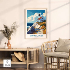 Connecticut Travel Poster featuring a scenic lighthouse landscape in a modern living room decor.