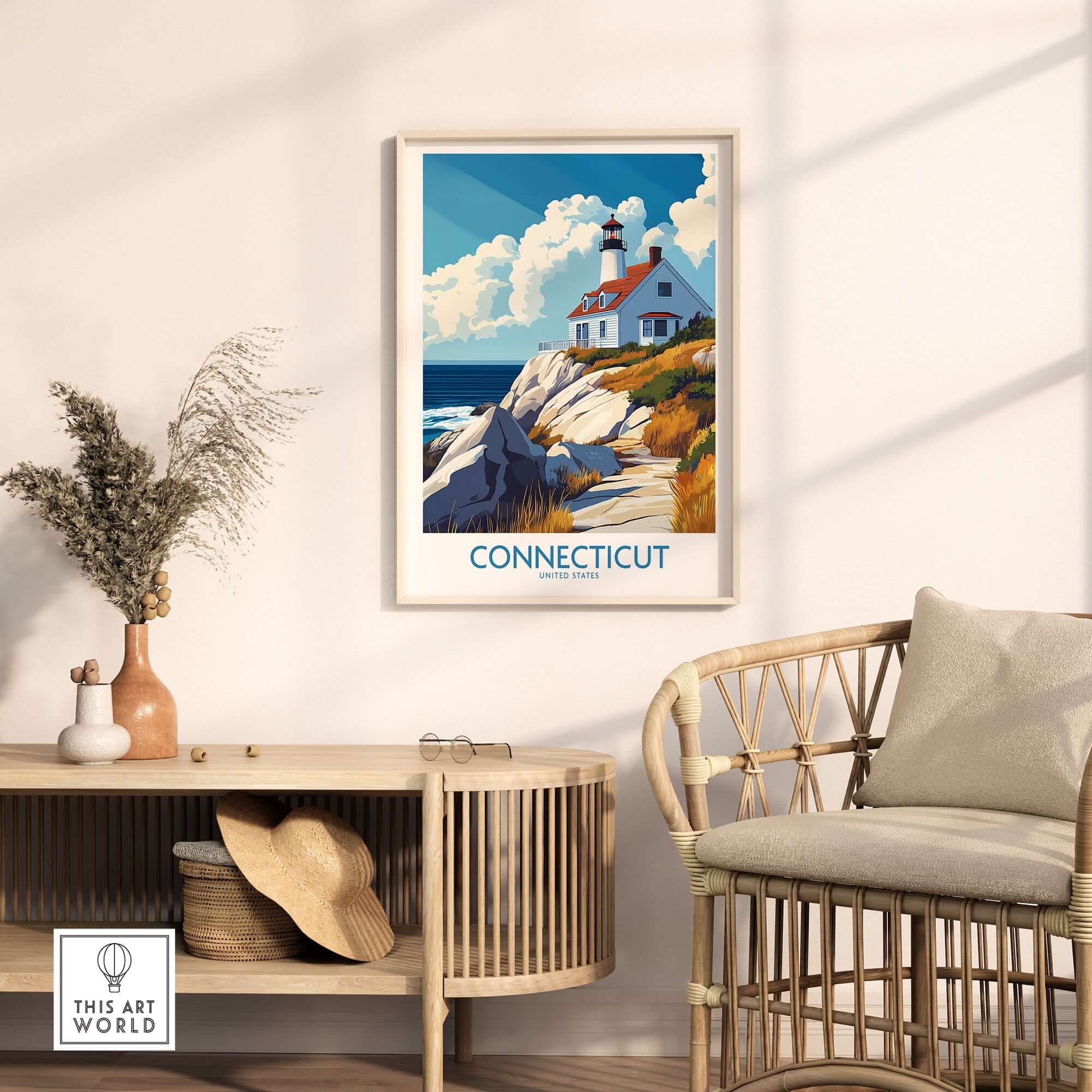 Connecticut Travel Poster featuring a scenic lighthouse landscape in a modern living room decor.
