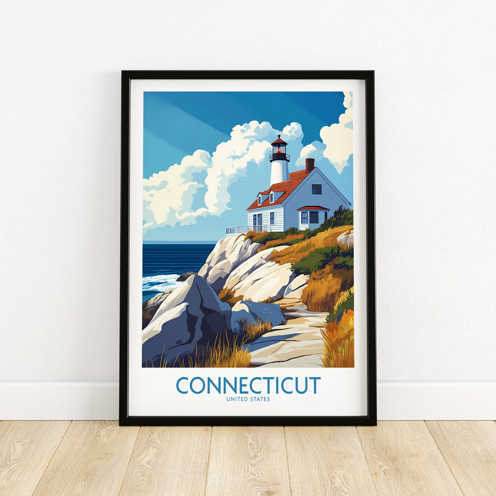 Connecticut travel poster with scenic lighthouse and coastal landscape, perfect wall art for home or office decor.