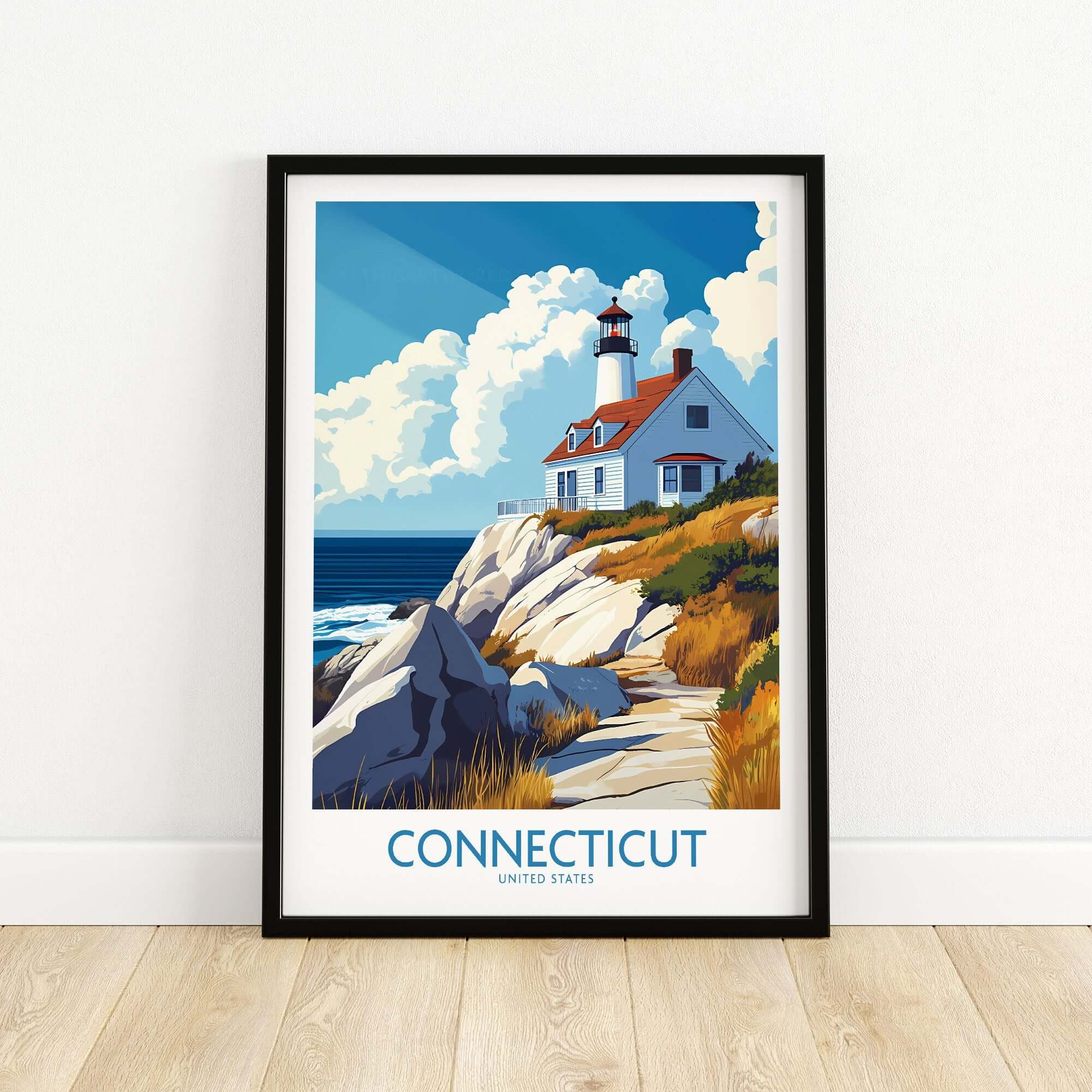 Connecticut Travel Poster showcasing a lighthouse on rocky coast with vibrant clouds and blue waters, perfect for home decor.