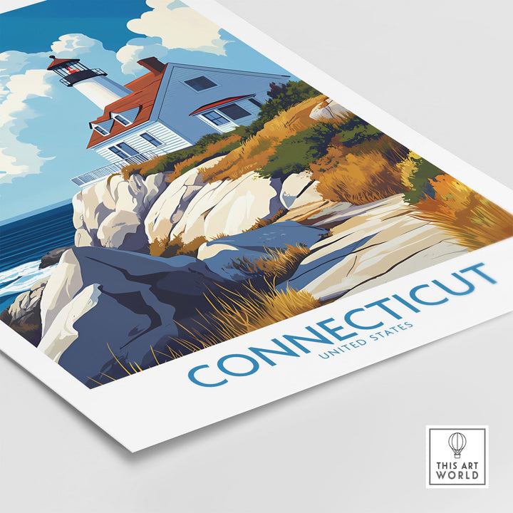 Vintage Connecticut travel poster featuring a picturesque lighthouse on rocky cliffs and vibrant seascape, perfect wall art decor.