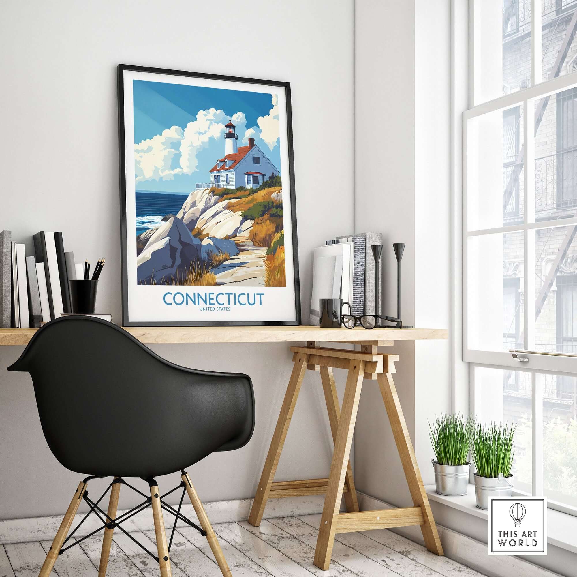 Connecticut Travel Poster showcasing a lighthouse scene, perfect for home or office decor.