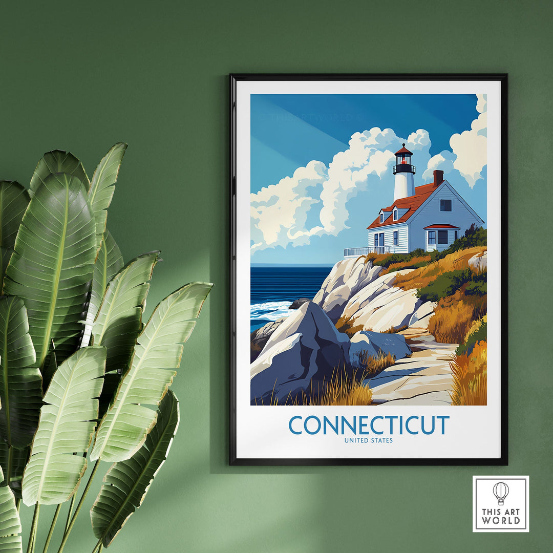 Connecticut travel poster with lighthouse and ocean view, framed on green wall with plants, featuring scenic landscape art.