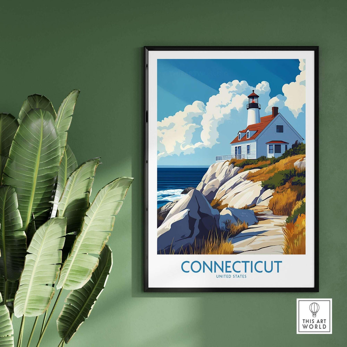 Connecticut Travel Poster featuring a scenic lighthouse on the coast with vibrant clouds and lush greenery.
