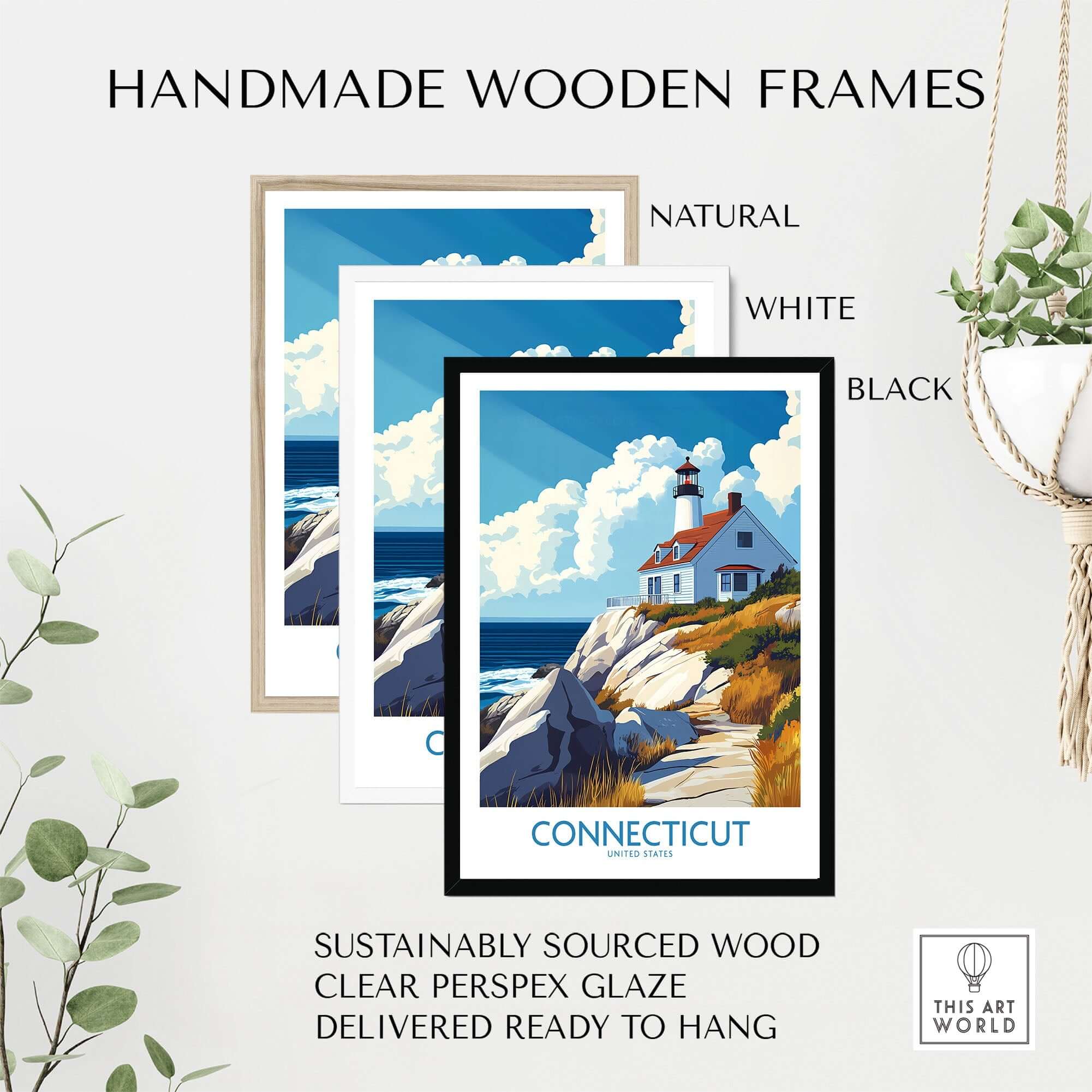 Handmade wooden frames for Connecticut Travel Poster in natural, white, and black options, sustainably sourced wood.