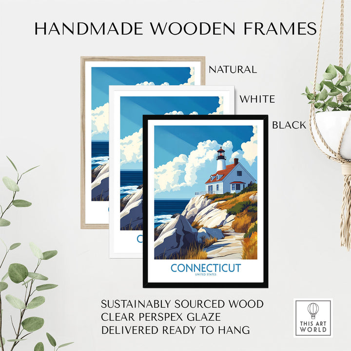 Connecticut travel poster with lighthouse in handmade wooden frames, available in natural, white, and black, ready to hang.