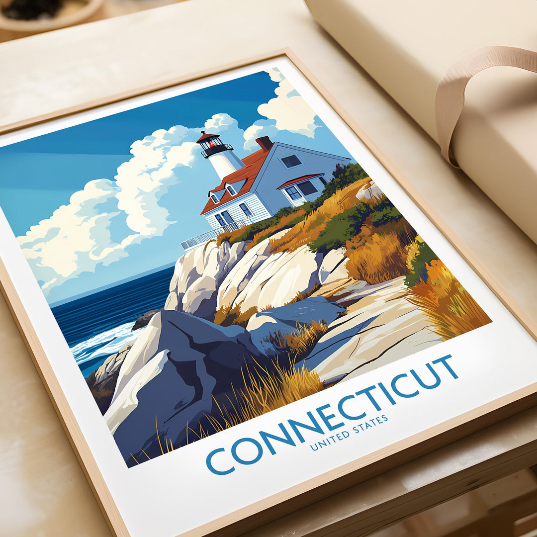 Connecticut travel poster featuring a scenic lighthouse and rocky coastline in vibrant colors, perfect for home or office decor.