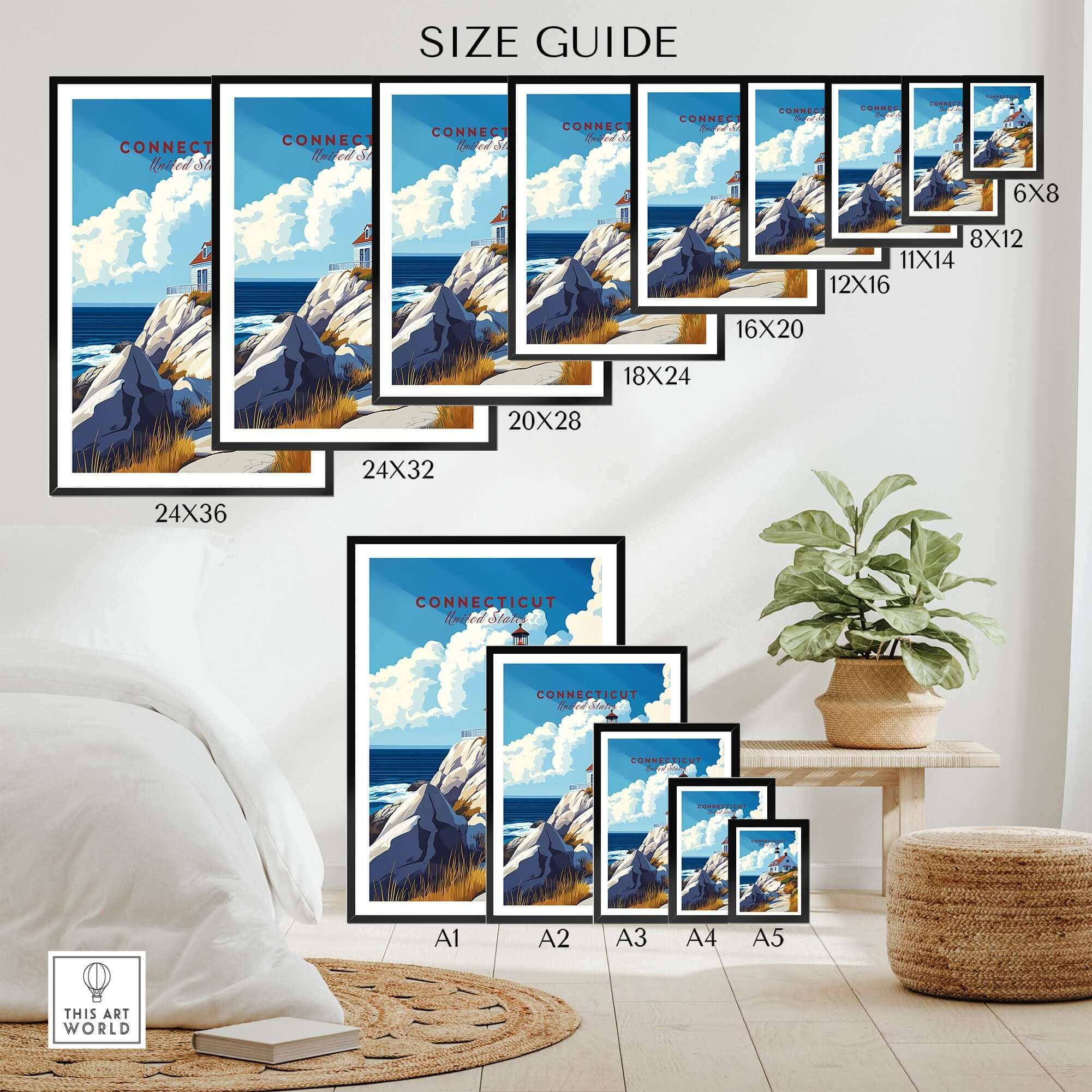 Size guide for Connecticut Travel Print wall art showcasing various frame sizes and designs.