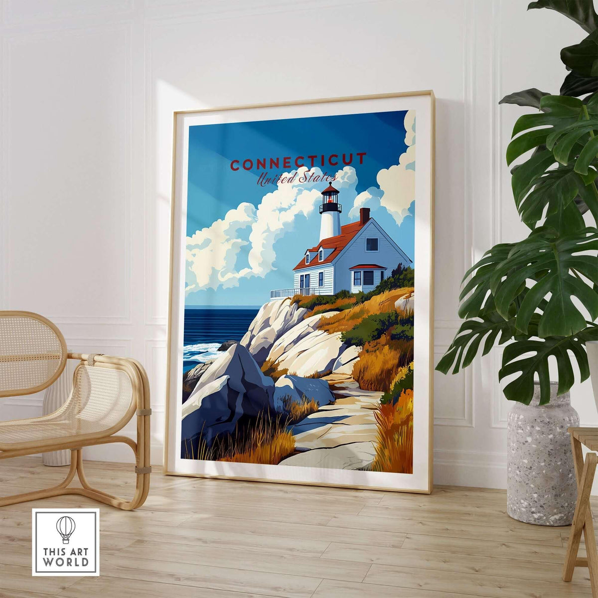 Connecticut Travel Print featuring a lighthouse and coastal scenery in vibrant colors for home decor.