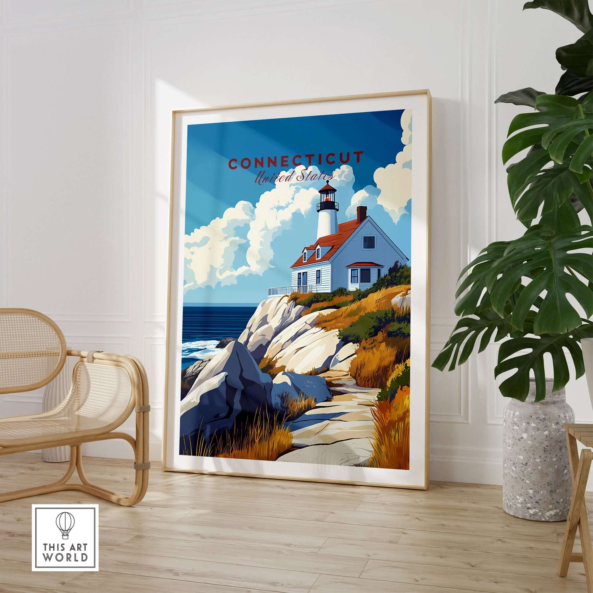 Connecticut Travel Print featuring a lighthouse and coastal scenery in vibrant colors for home decor.