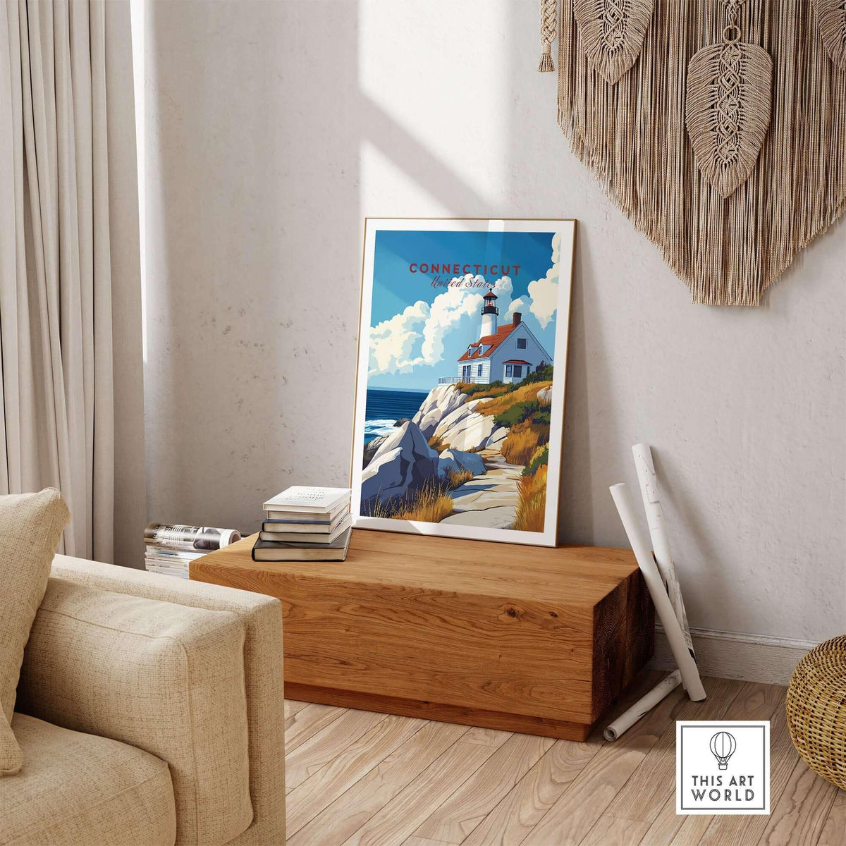 Connecticut Travel Print showcasing a lighthouse, ocean, and coastal landscape in vibrant colors.