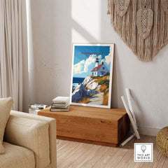 Connecticut Travel Print showcasing a lighthouse, ocean, and coastal landscape in vibrant colors.
