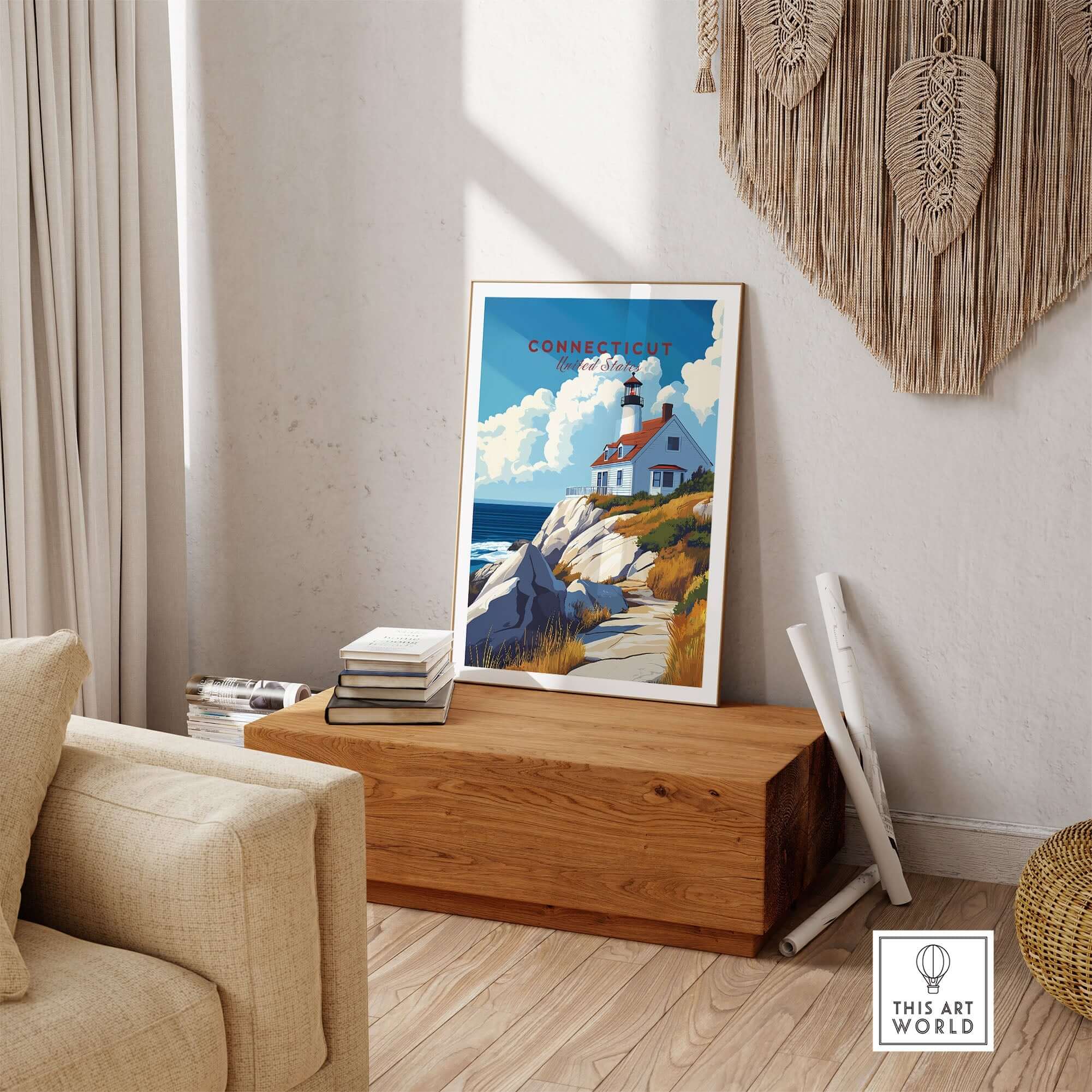 Connecticut Travel Print showcasing a lighthouse, ocean, and coastal landscape in vibrant colors.