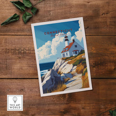 Connecticut Travel Print vibrant lighthouse wall art poster featuring iconic coastal scenery and colorful design.