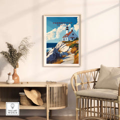 Connecticut Travel Print featuring a picturesque coastal scene with a lighthouse and vibrant landscape.