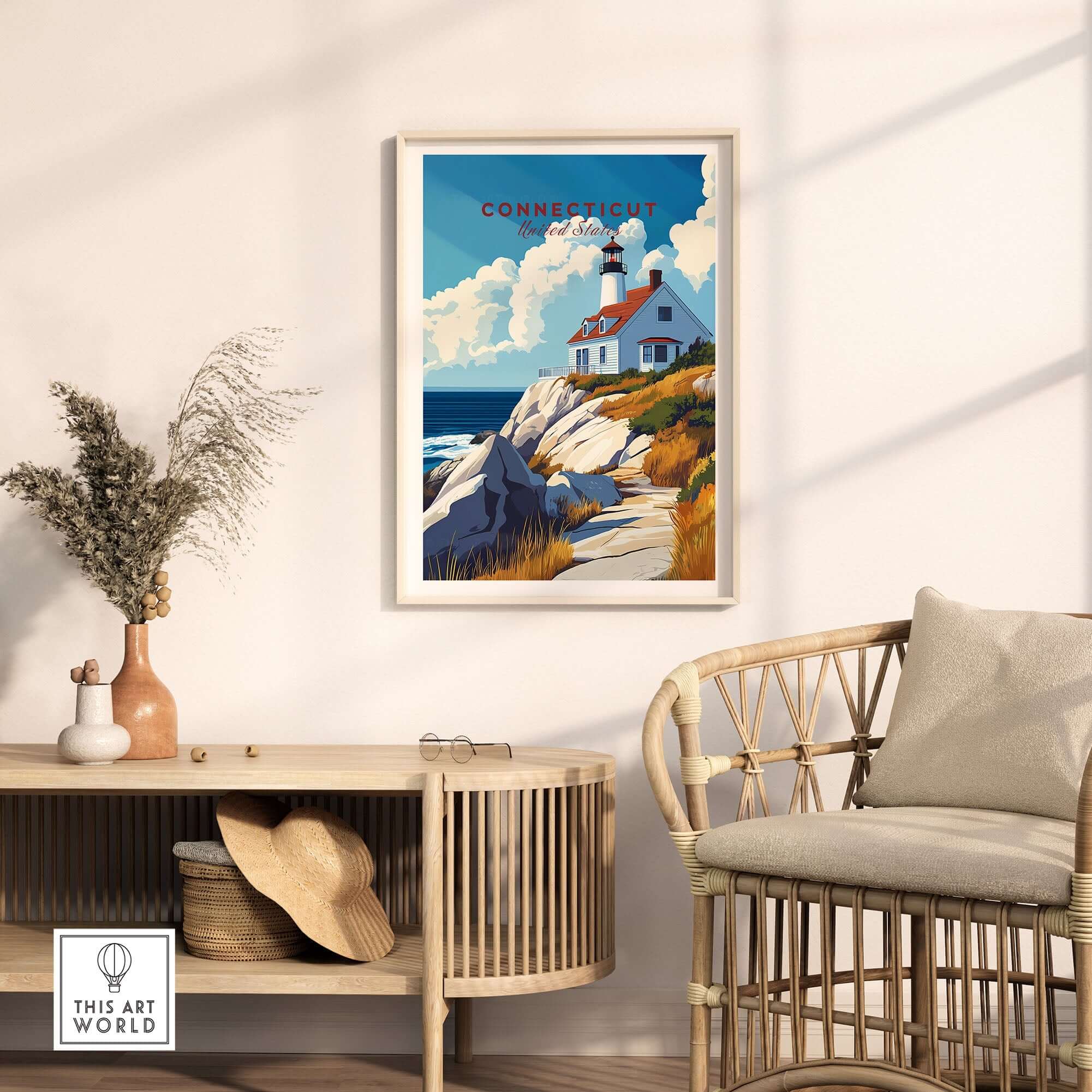 Connecticut Travel Print featuring a picturesque coastal scene with a lighthouse and vibrant landscape.