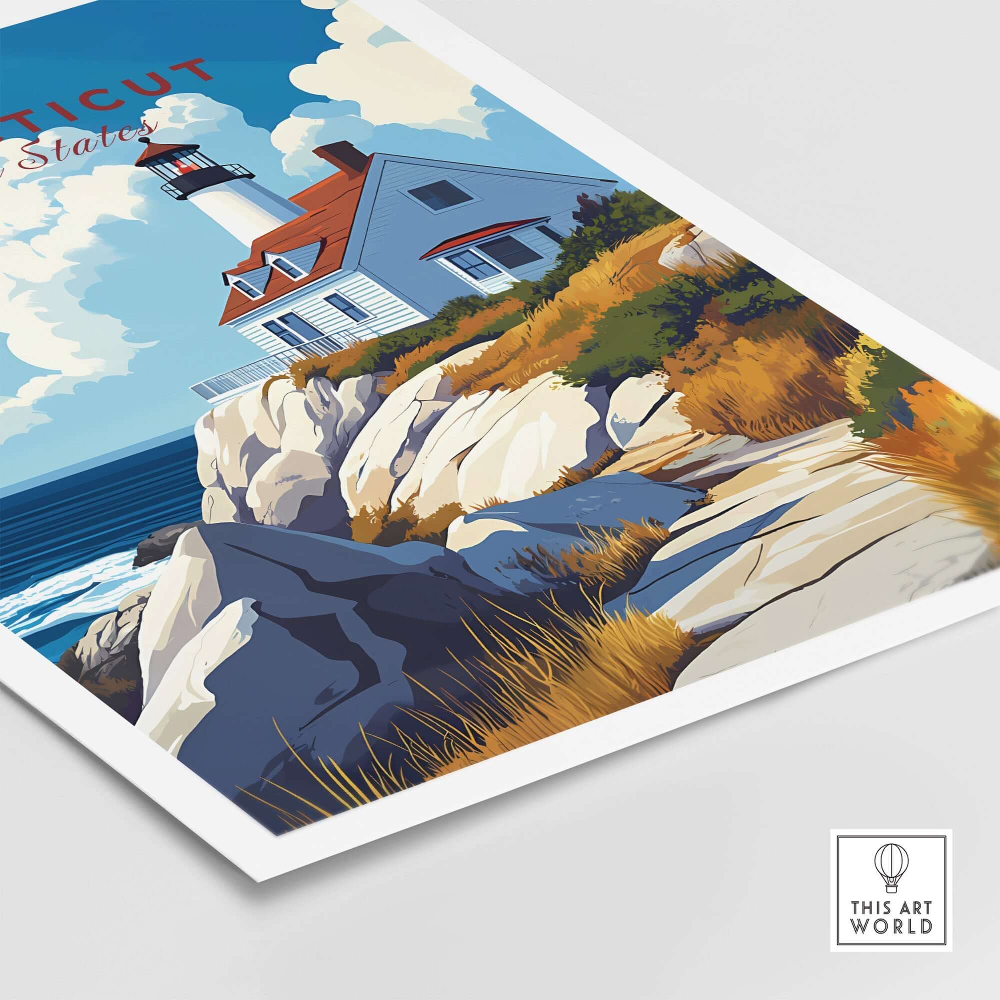 Connecticut Travel Print showcasing a lighthouse by the rocky coast, vibrant colors and iconic landmarks.