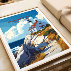 Connecticut Travel Print showcasing a lighthouse and scenic coastline, vibrant colors and nostalgic design.