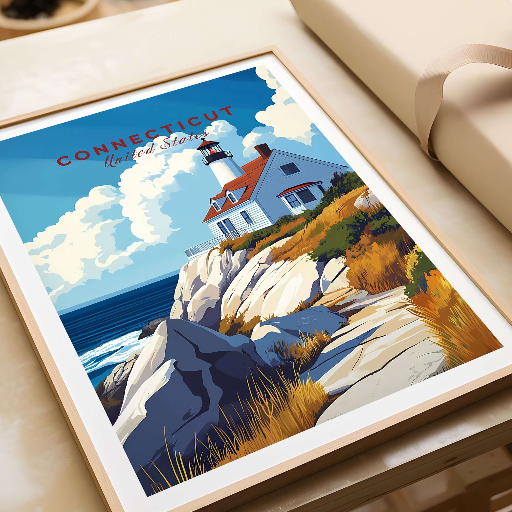 Connecticut Travel Print showcasing a lighthouse and scenic coastline, vibrant colors and nostalgic design.