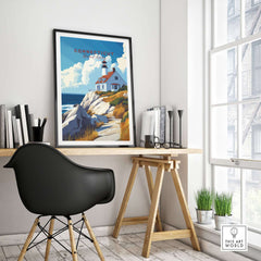 Connecticut Travel Print showcasing a lighthouse and scenic coastline, perfect wall art for home decor.