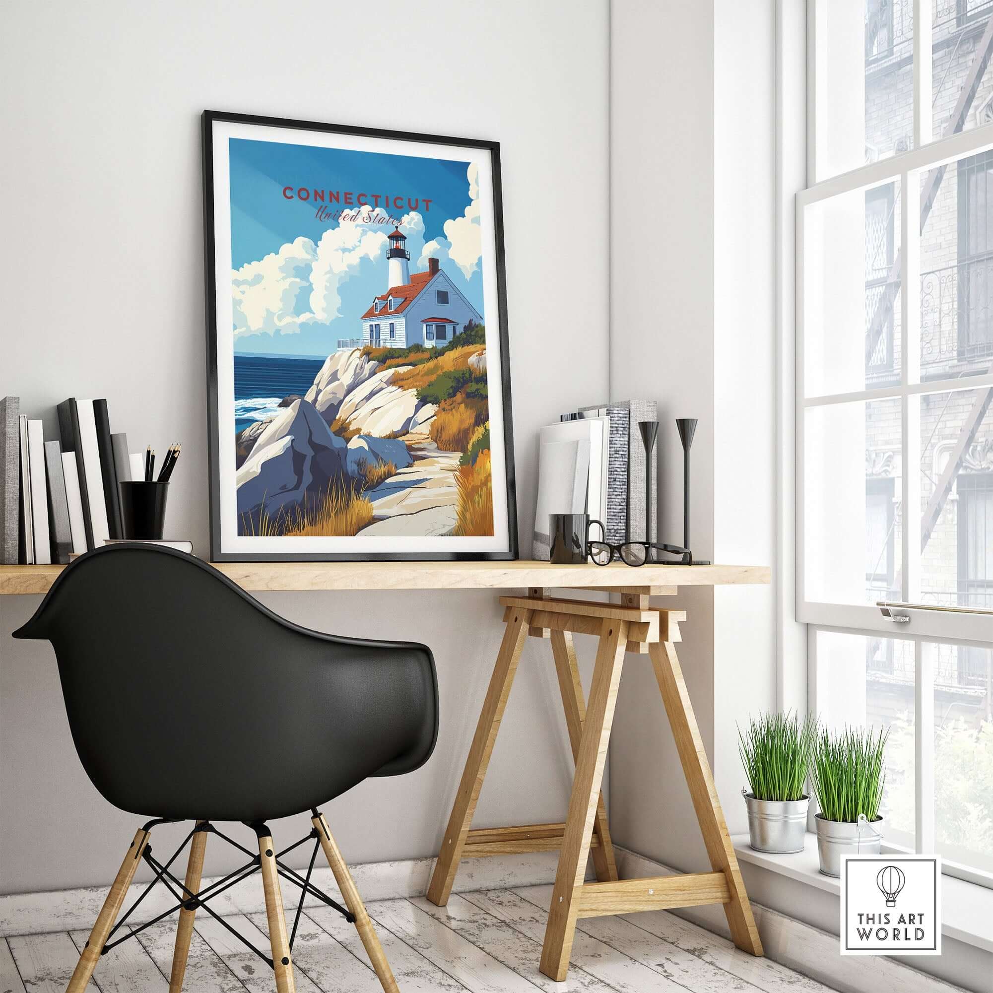 Connecticut Travel Print showcasing a lighthouse and scenic coastline, perfect wall art for home decor.