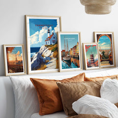 Connecticut Travel Print and other travel-themed wall art framed in a stylish home setting with decorative cushions.