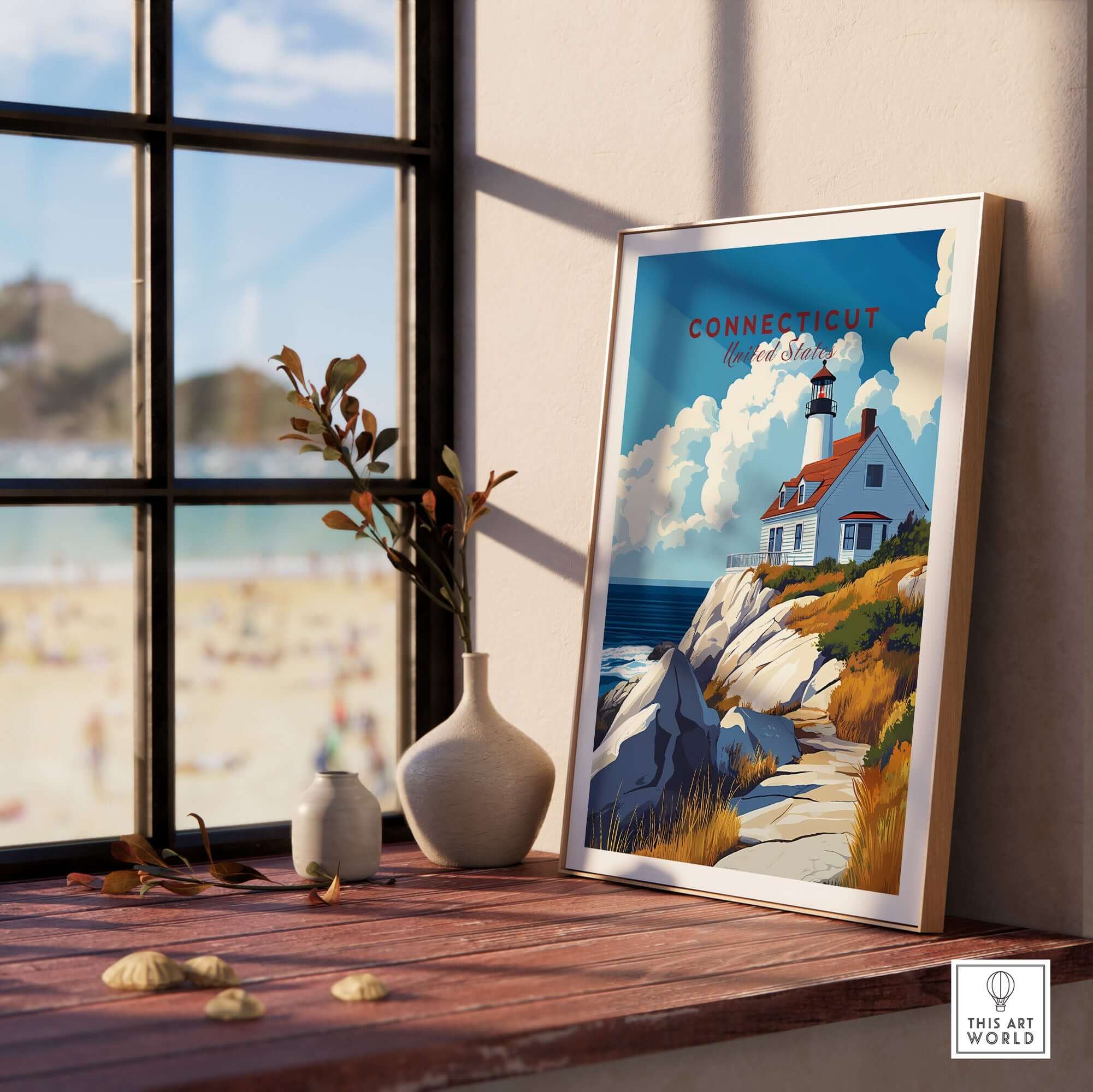 Connecticut Travel Print showcasing a charming coastal scene with a lighthouse and vibrant colors in a sunny room setting.