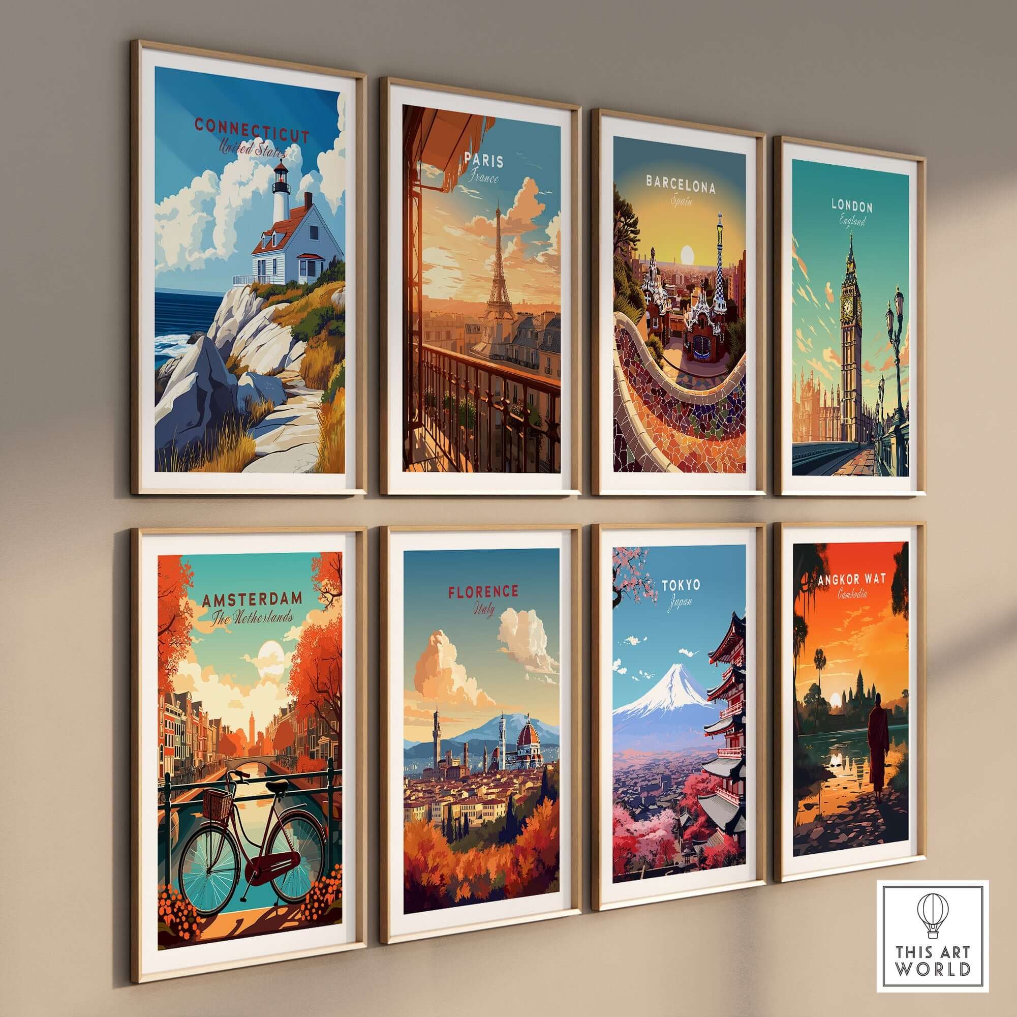 Connecticut Travel Print featuring iconic landmarks and vibrant colors in wall art collection.