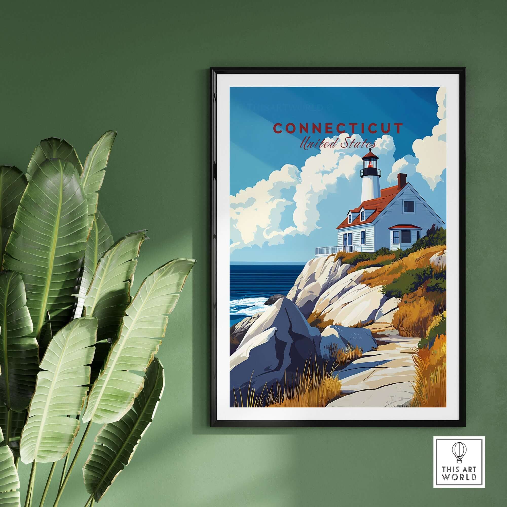 Connecticut Travel Print featuring a lighthouse and coastal landscape in vibrant colors, perfect for home decor.