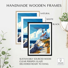 Handmade wooden frames for Connecticut Travel Print in natural, white, and black finishes, ready to hang.