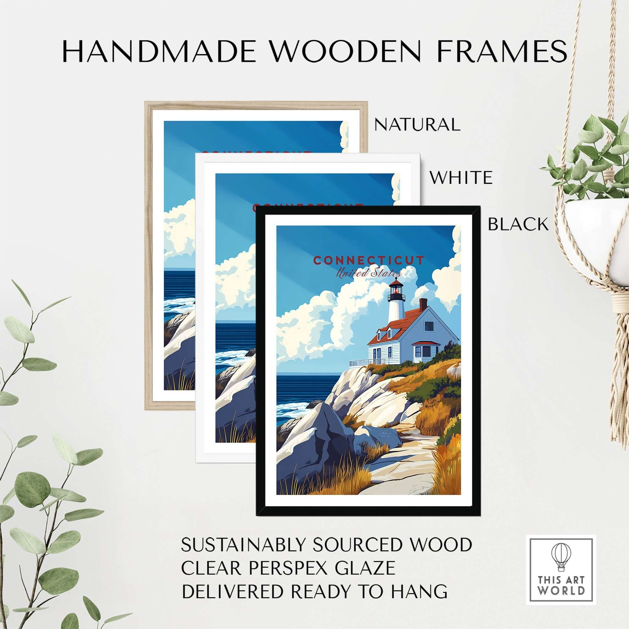 Handmade wooden frames for Connecticut Travel Print in natural, white, and black finishes, ready to hang.